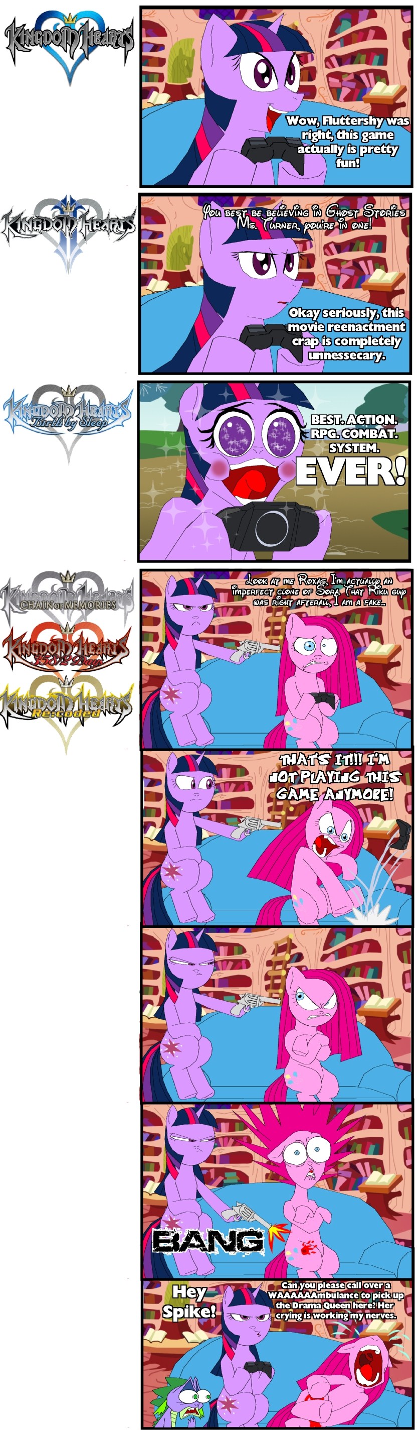 angry blood blue_eyes blush comic crying cutie_mark dialog english_text equine eyes female feral friendship_is_magic fur group gun hair horn horse inside kingdom_hearts male mammal my_little_pony pain pink_fur pink_hair pinkamena_(mlp) pinkie_pie_(mlp) pony psp purple_eyes purple_fur purple_hair ranged_weapon sofa spike_(mlp) tears text twilight_sparkle_(mlp) tyrranux unicorn weapon