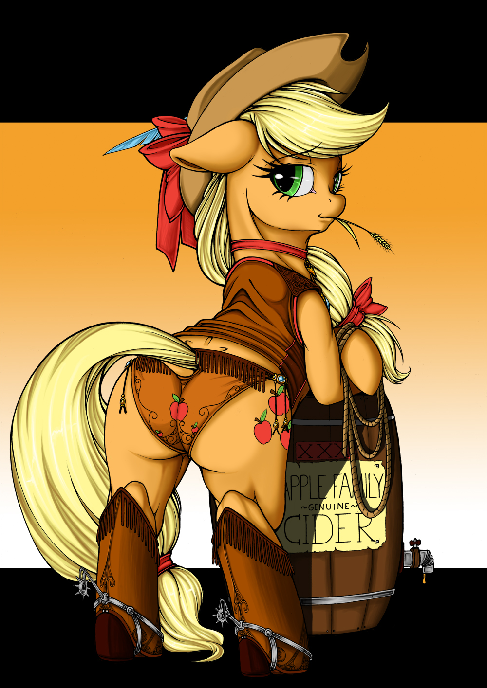applejack_(mlp) barrel blonde_hair bow brown_fur clothing cowboy cowboy_hat cutie_mark english_text equine female feral friendship_is_magic fur green_eyes hair hat horse longinius looking_back mammal mouth_hold my_little_pony pony rope solo spurs text wheat