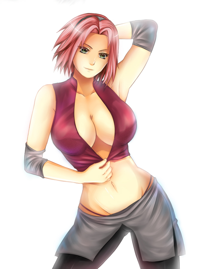 adapted_costume alternate_breast_size arm_behind_head arm_up armpits backlighting bad_id bad_pixiv_id bike_shorts breasts cleavage contrapposto cowboy_shot crop_top elbow_pads flowerxl green_eyes groin hairband haruno_sakura hips large_breasts light_smile looking_at_viewer lowleg midriff naruto naruto_(series) naruto_shippuuden navel no_bra panty_straps pink_hair short_hair side_slit simple_background skirt smile solo standing string_panties unzipped white_background