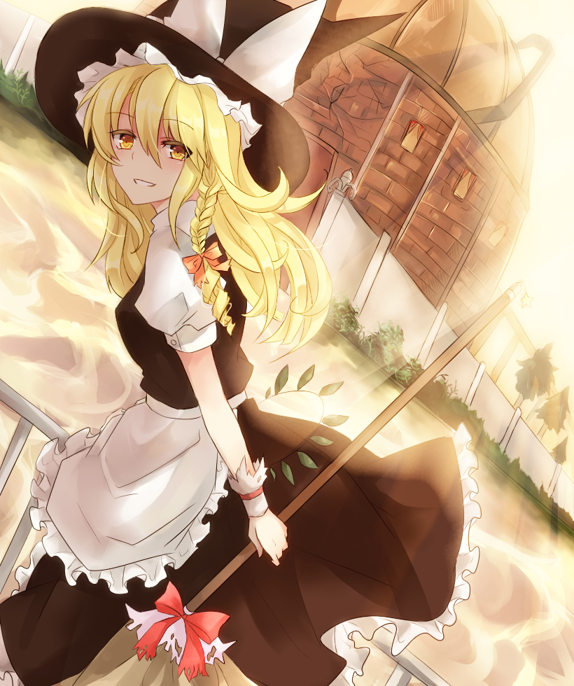 ascot bad_id bad_pixiv_id blonde_hair bow braid broom dress hair_ornament hair_ribbon hat kirisame_marisa long_hair looking_at_viewer ribbon single_braid smile solo star sweetroad touhou witch witch_hat wrist_cuffs yellow_eyes