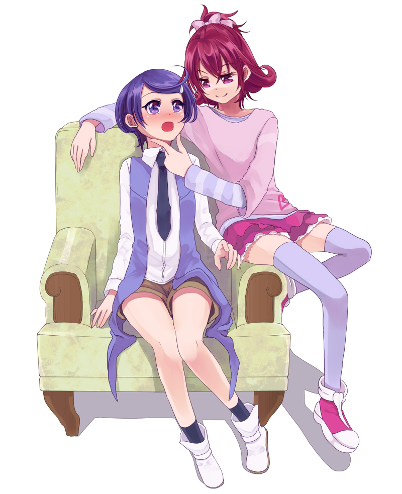 aida_mana bad_id bad_pixiv_id blush chair chin_grab dokidoki!_precure embarrassed eye_contact half_updo kenzaki_makoto looking_at_another multiple_girls necktie open_mouth pink_eyes pink_hair precure purple_eyes purple_hair sasamaru_chimaki seductive_smile shadow short_hair shorts simple_background sitting skirt smile thighhighs white_background yuri zettai_ryouiki