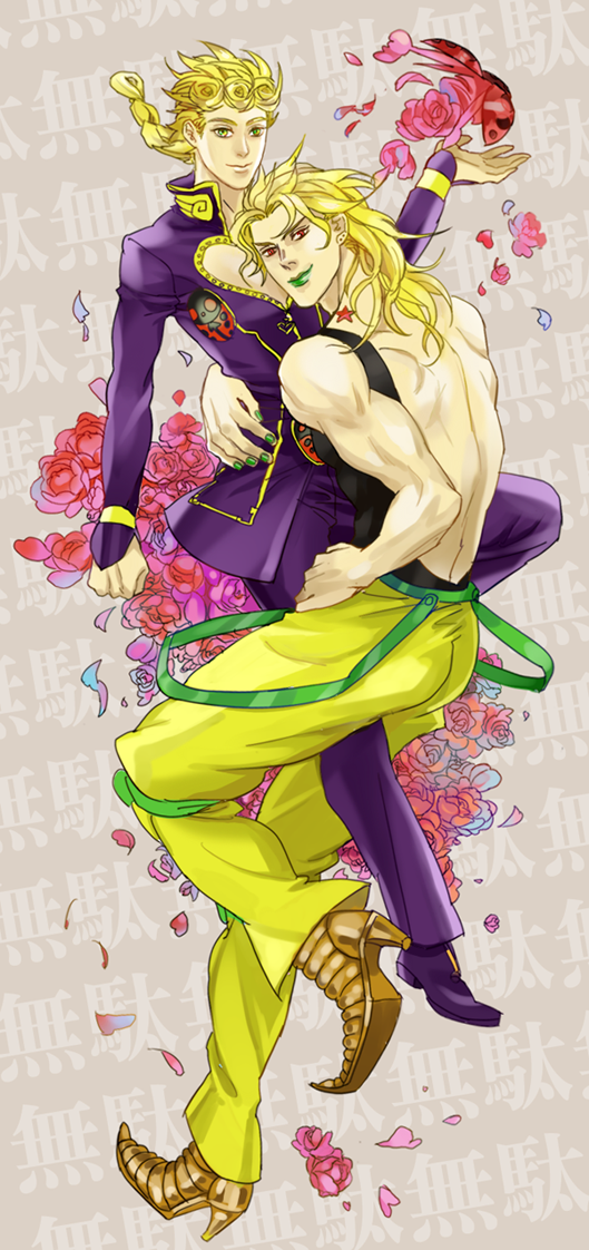 blonde_hair blue_eyes braid bug dio_brando father_and_son flower giorno_giovanna green_eyes insect jojo_no_kimyou_na_bouken ladybug lipstick makeup moff multiple_boys petals red_eyes