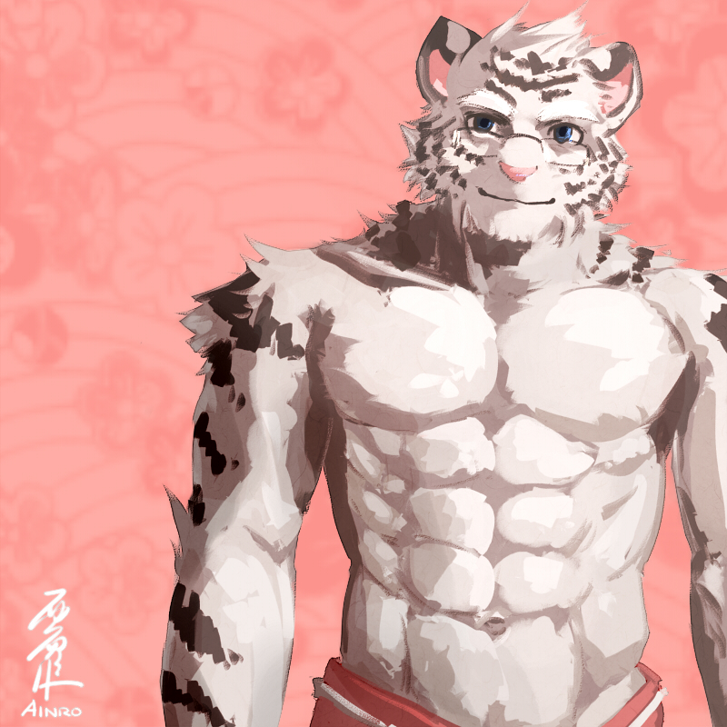 ainro anthro biceps big_muscles black_fur blue_eyes body_markings clothing eyewear feline fur glasses grey_fur grin male mammal markings muscles pecs pink_background pink_nose plain_background pose shorts smile solo standing stripes tiger toned topless white_tiger