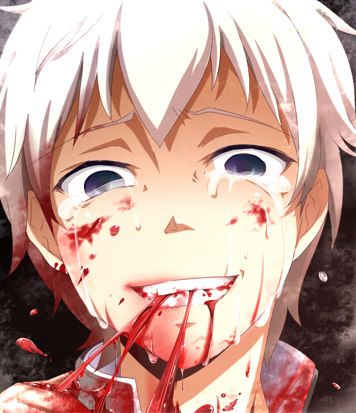 b_(kana0816) bad_end blood blood_on_face bloody_clothes blue_eyes cannibalism corpse_party crazy crazy_smile crying crying_with_eyes_open eating empty_eyes face guro kishinuma_yoshiki looking_at_viewer male_focus smile solo spoilers tears white_hair