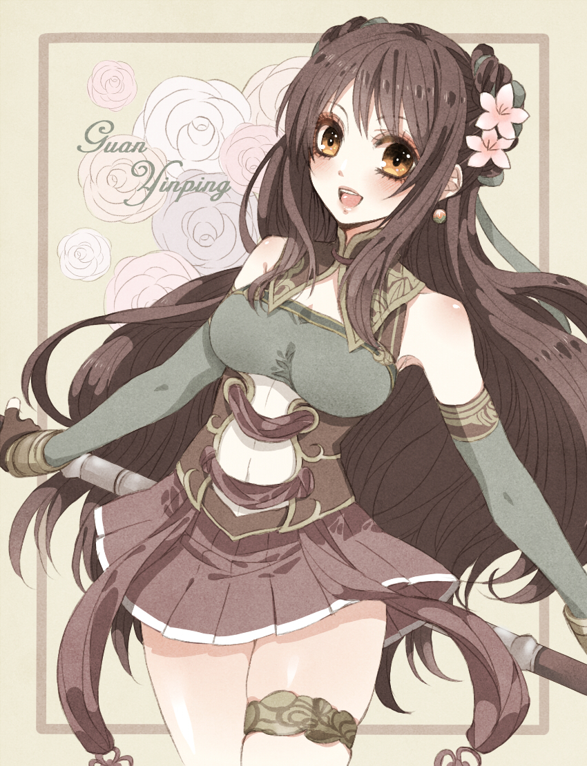 bare_shoulders black_hair brown_eyes character_name fingerless_gloves flower gloves guan_yinping hair_flower hair_ornament open_mouth polearm shin_sangoku_musou shin_sangoku_musou_7 skirt smile solo weapon xxmlkxx