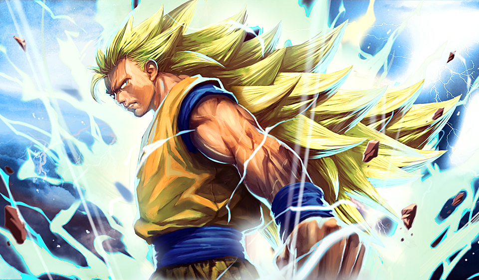 aura blonde_hair blue_eyes clenched_hand debris downscaled dragon_ball dragon_ball_z lightning long_hair longai md5_mismatch resized son_gokuu spiked_hair super_saiyan super_saiyan_3 wristband