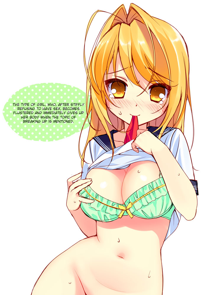 1girl blonde_hair bottomless bra breasts cleavage green_bra hair_intakes hard_translated large_breasts long_hair looking_at_viewer mouth_hold original piyodera_mucha school_uniform serafuku shirt_lift simple_background solo sweat tears translated underwear white_background yellow_eyes