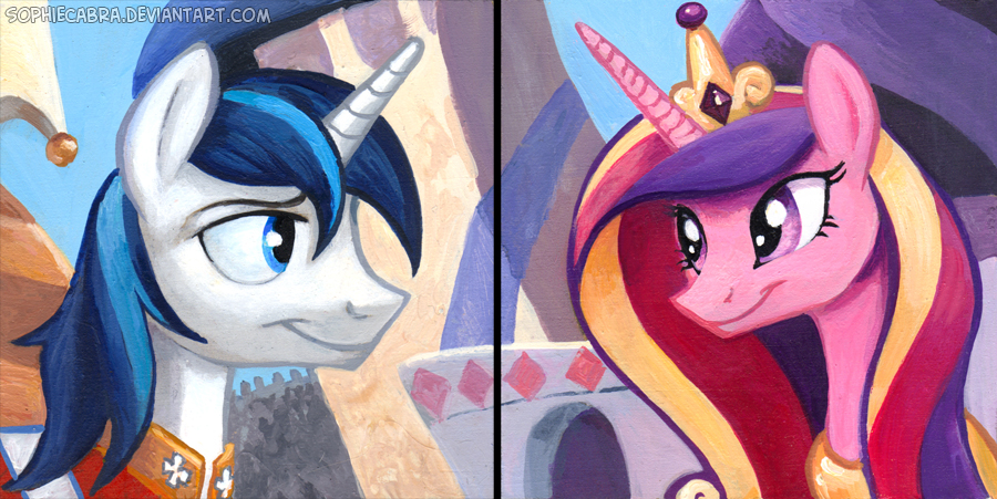 blue_eyes blue_hair canterlot clothing crown duo equine eye_contact female feral friendship_is_magic gold hair horn horse male mammal multi-colored_hair my_little_pony necklace outside pony portrait princess_cadance_(mlp) purple_eyes shining_armor_(mlp) smile sophiecabra traditional_media unicorn winged_unicorn wings