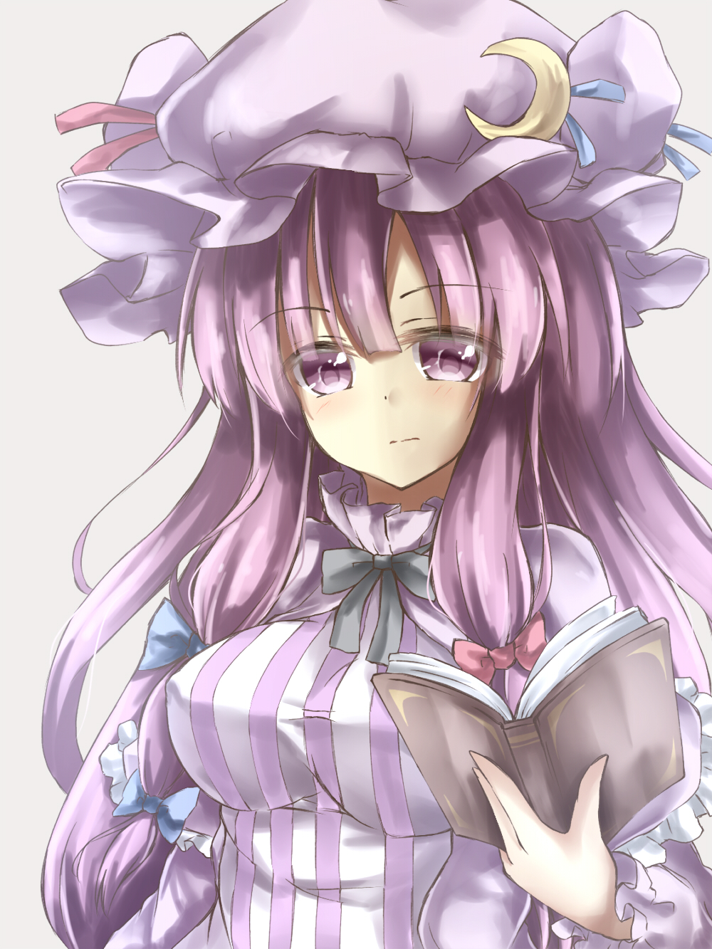 book crescent deetamu hair_ribbon hat highres impossible_clothes impossible_shirt long_hair patchouli_knowledge purple_eyes purple_hair ribbon shirt solo striped striped_shirt touhou upper_body vertical_stripes