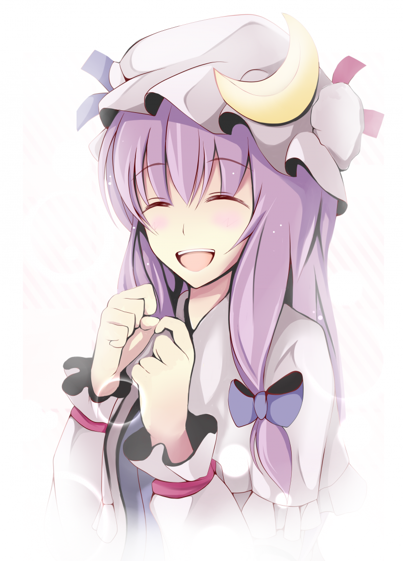 :d ^_^ bad_id bad_pixiv_id blush bow closed_eyes crescent hair_bow happy hat long_hair minamo_iruka open_mouth patchouli_knowledge purple_hair smile solo touhou upper_body