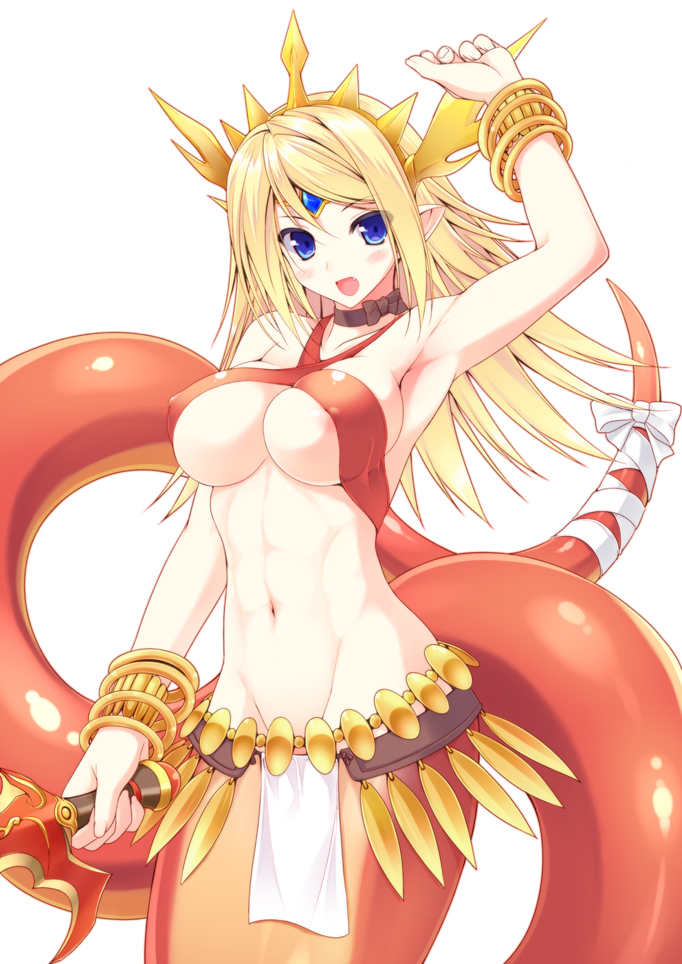 :d abs areola_slip areolae armpits bangle blonde_hair blue_eyes blush bracelet breasts choker covered_nipples crown echidna_(p&amp;d) fang highres jewelry lamia large_breasts long_hair looking_at_viewer monster_girl naturalton navel open_mouth pointy_ears puzzle_&amp;_dragons ribbon ribbon_choker simple_background smile snake solo sword tail tail_ribbon tiara underboob weapon white_background