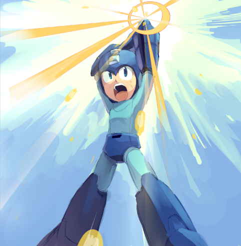 android arm_cannon blue_eyes helmet lowres male_focus nokogiri_den_aoi open_mouth rockman rockman_(character) rockman_(classic) solo weapon