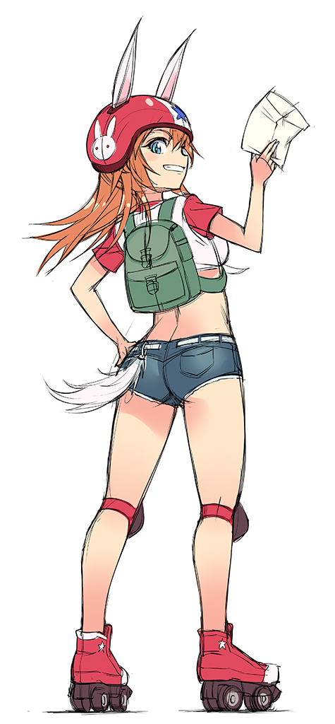 ass back blue_eyes charlotte_e_yeager denim denim_shorts hand_on_hip helmet knee_pads long_hair looking_at_viewer looking_back michairu orange_hair roller_skates short_shorts shorts skates solo strike_witches world_witches_series