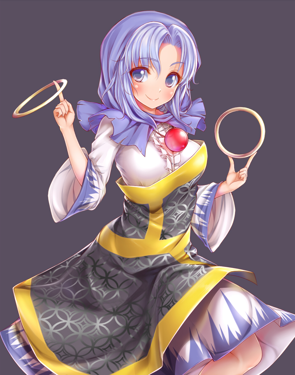 blue_eyes blue_hair blush dress highres hood irudana jewelry kesa knees kumoi_ichirin necklace pendant ring shippou_(pattern) short_hair smile solo touhou