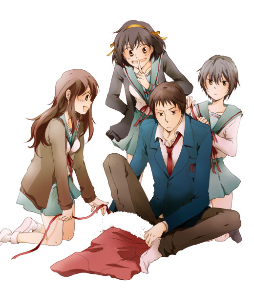 3girls asahina_mikuru blue_skirt brown_hair cardigan christmas_stocking hiko kita_high_school_uniform kyon multiple_girls nagato_yuki school_uniform serafuku skirt suzumiya_haruhi suzumiya_haruhi_no_yuuutsu