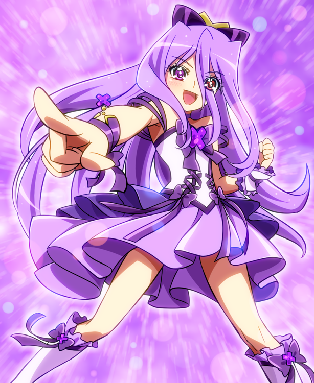 1girl :d bare_shoulders blush boots bow brooch choker clenched_hand crown_joker_(0417nao) derivative_work foreshortening hair_bow heterochromia jewelry knee_boots long_hair magical_girl open_mouth original outstretched_arm pointing precure purple purple_background purple_eyes purple_hair purple_skirt red_eyes ribbon skirt sleeveless smile smile_precure! solo