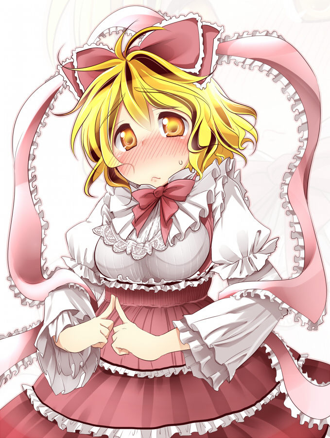 :&lt; aki_(akikaze_asparagus) alternate_costume blonde_hair blush bow brown_hair capelet dress fingers_together hair_bow juliet_sleeves lolita_fashion long_sleeves multicolored_hair puffy_sleeves red_dress shawl shirt simple_background solo toramaru_shou touhou two-tone_hair white_background yellow_eyes zoom_layer