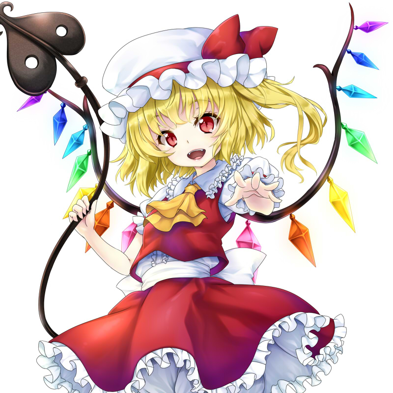 ascot bad_id bad_pixiv_id blonde_hair bloomers blush crystal fangs flandre_scarlet hat hotori_(sion) laevatein lips open_mouth puffy_sleeves red_eyes ribbon short_hair short_sleeves side_ponytail skirt smile solo touhou underwear vest white_background wings