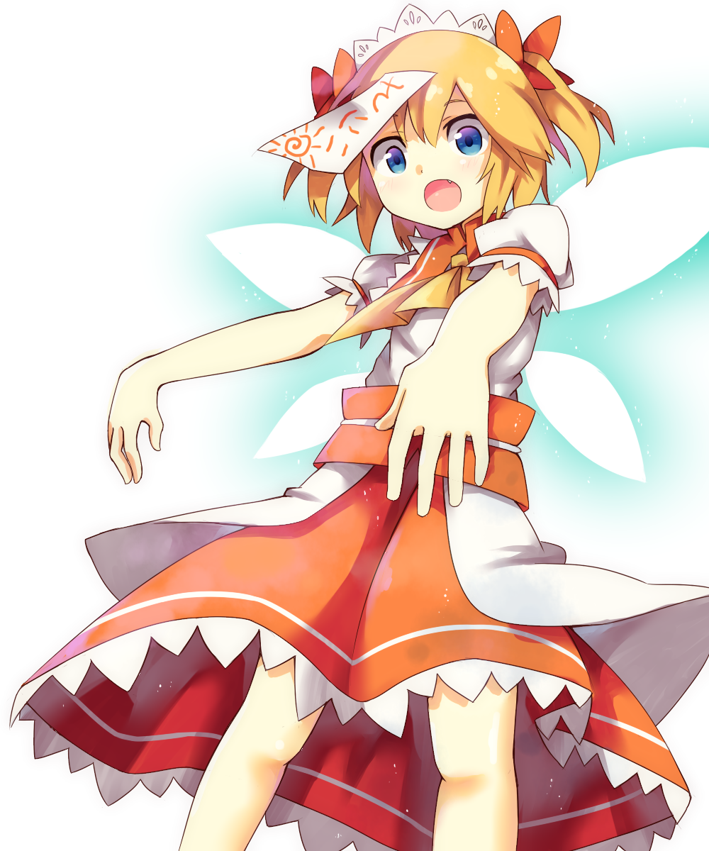 ascot blouse blue_eyes fairy_wings fang gradient gradient_background hair_ribbon hayaneko_(ceceragi) headdress highres looking_at_viewer ofuda open_mouth orange_hair outstretched_arms ribbon short_hair short_sleeves simple_background skirt solo sunny_milk touhou twintails wings zombie_pose