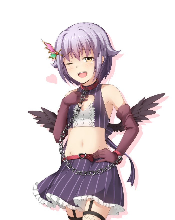 ;d armpits bangs bare_shoulders belt belt_buckle black_wings blush bow breasts buckle buttons chain cleavage_cutout collar cowboy_shot crop_top cuffs elbow_gloves fishnet_legwear fishnets flipped_hair garter_straps gem gloves groin hair_intakes hair_ornament halterneck hand_on_hip hand_on_own_chest heart heart_cutout idolmaster idolmaster_cinderella_girls koshimizu_sachiko looking_at_viewer lowleg lowleg_skirt midriff navel one_eye_closed open_mouth petticoat pinstripe_pattern shadow short_hair silver_hair skirt sleeveless small_breasts smile solo spoken_heart standing striped thighhighs turtleneck white_background wings yellow_eyes yyi