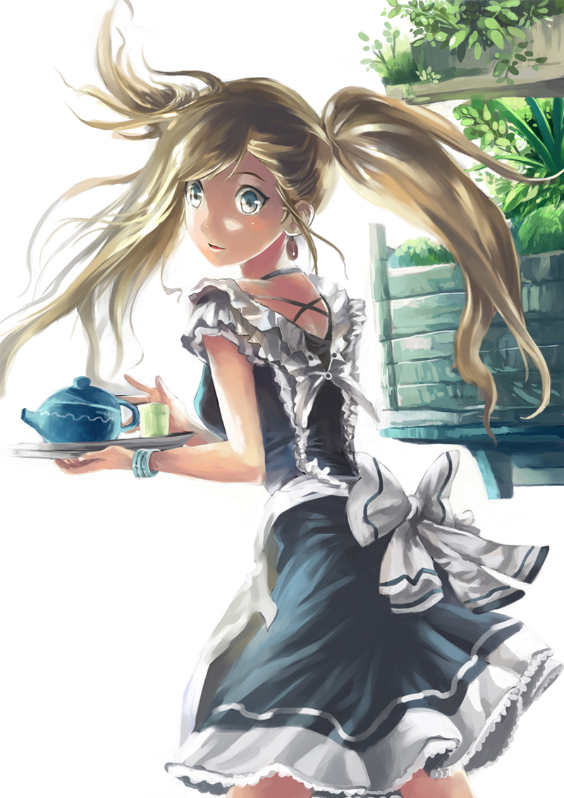 alternate_hair_color apron blonde_hair blue_eyes cup earrings frills hatsune_miku jewelry long_hair looking_back ooi_choon_liang plant solo tea teapot tray twintails vocaloid waitress