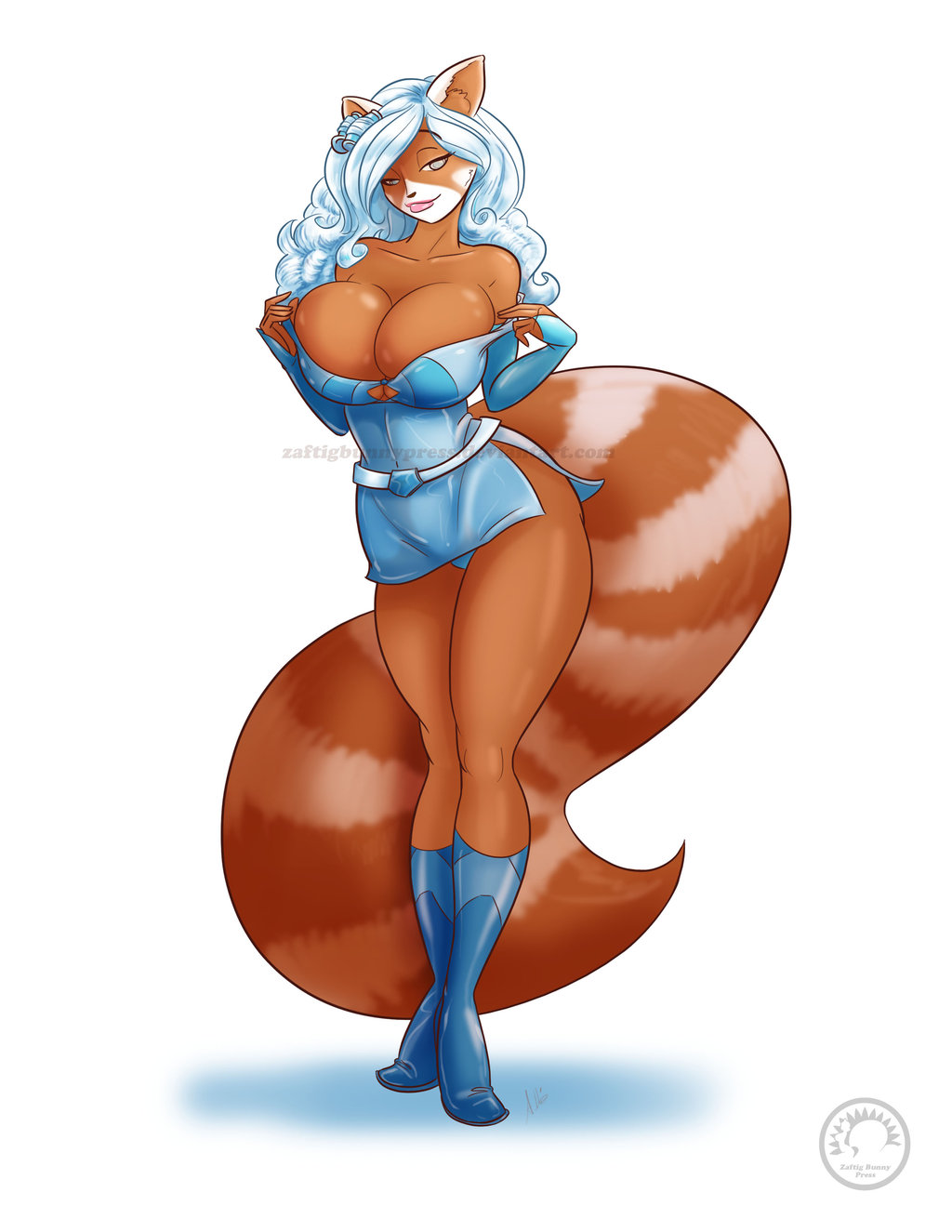 big_breasts big_tail blue_eyes blue_hair boots breasts brown_fur cleavage clothed clothing female fur hair huge_breasts lips long_hair looking_at_viewer mammal plain_background red_panda smile solo standing thighs watermark white_background white_fur white_hair zaftigbunnypress