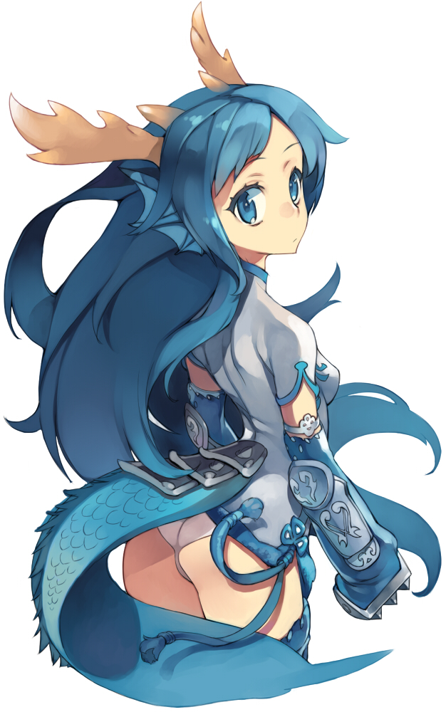 animal_ears ass blue_eyes blue_hair china_dress chinese_clothes dragon_ears dragon_girl dragon_tail dress from_behind horns karin_(p&amp;d) long_hair looking_back monster_girl panties puzzle_&amp;_dragons qinglong_(mythology) solo spiked_knuckles tail tama1130 underwear very_long_hair