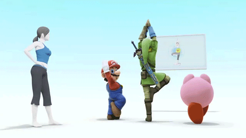 1girl 3boys animated animated_gif attack kirby kirby_(series) link lowres mario mario_(series) multiple_boys nintendo super_mario_bros. super_smash_bros. the_legend_of_zelda wii_fit wii_fit_trainer yoga