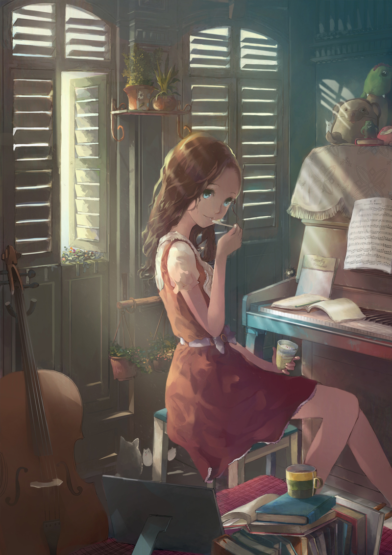 blue_eyes book brown_hair cello chair cup dress eating holding indoors instrument light looking_back notebook ooi_choon_liang open_book original piano plant potted_plant red_dress sheet_music sitting smile spoon stuffed_animal stuffed_toy tonari_no_totoro wavy_hair