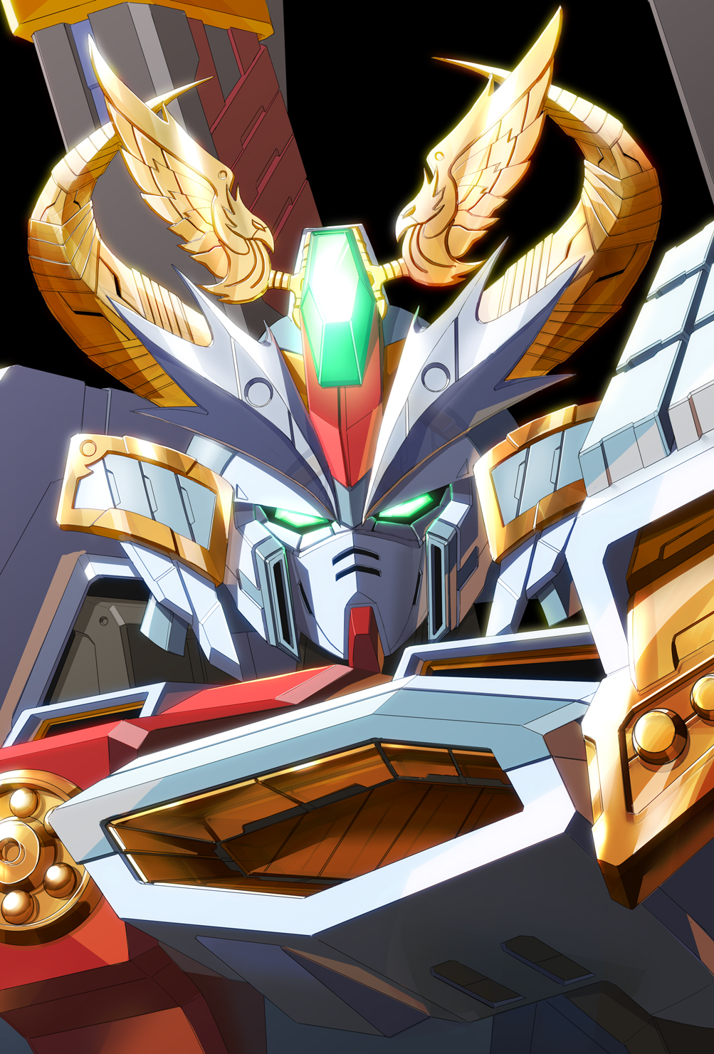 gundam gundam_daishogun highres horns mecha no_humans sd_gundam sd_sengokuden simple_background solo sukekiyo56