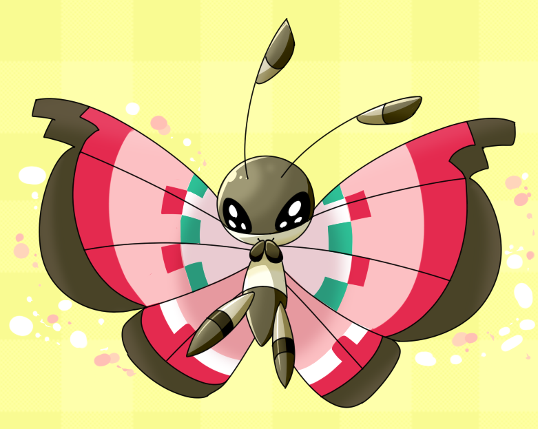 bug gen_6_pokemon no_humans pink_wings pokemon pokemon_(creature) solo vivillon wings yellow_background