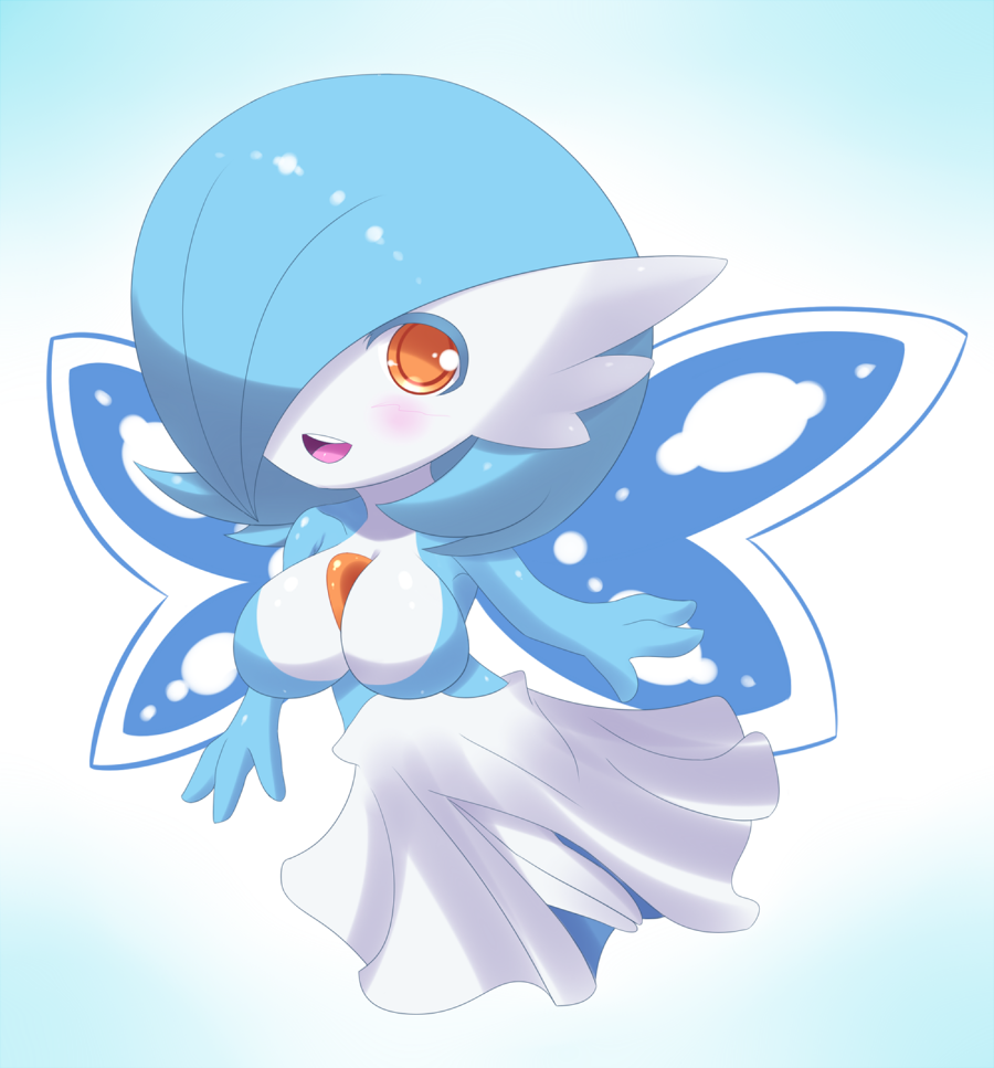 1girl alternate_color blue_hair breasts butterfly_wings cleavage fairy gardevoir jcdr lucy_(jcdr) no_humans orange_eyes pokemon shiny_pokemon short_hair solo wings