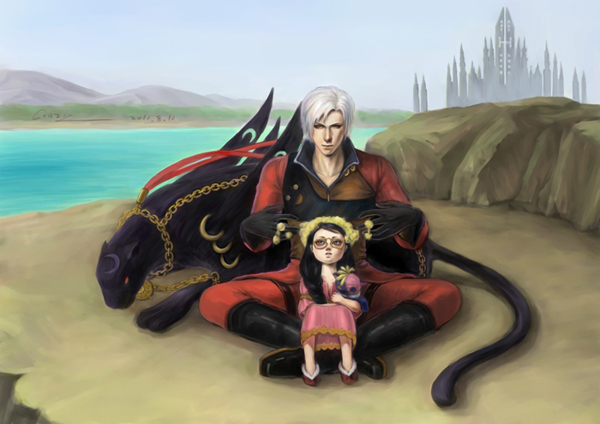 bayonetta bayonetta_(character) bayonetta_(panther) beach black_hair black_panther blue_sky castle cereza chain child crazy_(artist) crossover dante_(devil_may_cry) day devil_may_cry dress glasses indian_style long_hair outdoors panther ribbon semi-rimless_eyewear sitting sitting_on_lap sitting_on_person sky stuffed_animal stuffed_cat stuffed_toy under-rim_eyewear water white_hair
