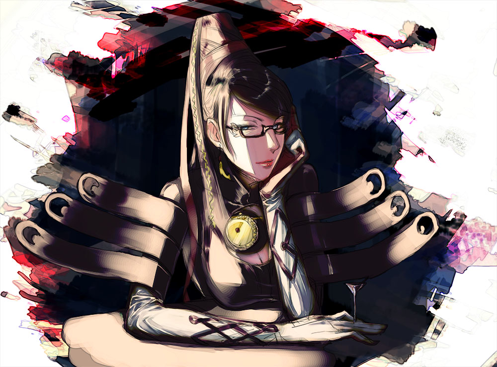 amulet bad_id bad_pixiv_id bayonetta bayonetta_(character) beehive_hairdo black_hair blue_eyes bodysuit chin_rest cleavage_cutout earrings elbow_gloves glasses gloves hair_ribbon half-closed_eyes jewelry lipstick long_hair looking_at_viewer makeup mole ribbon seitsuji solo white_gloves