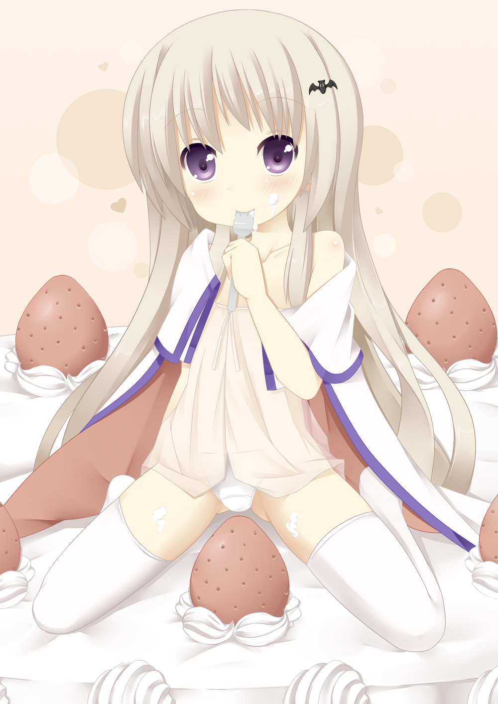 cake camisole cape food fruit hat highres little_busters! long_hair mizunashi_tomo noumi_kudryavka panties purple_eyes silver_hair strawberry thighhighs underwear white_legwear