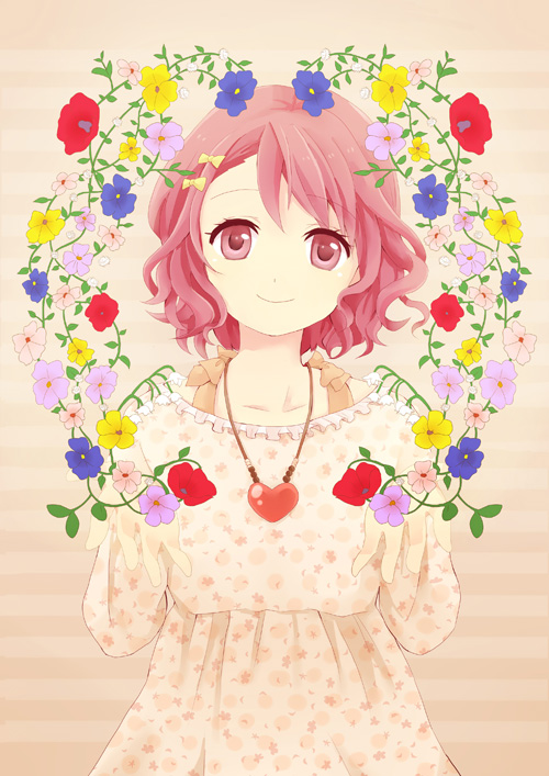 bad_id bad_pixiv_id copyright_request dress flower heart jewelry necklace pink_eyes pink_hair short_hair smile solo wavy_hair