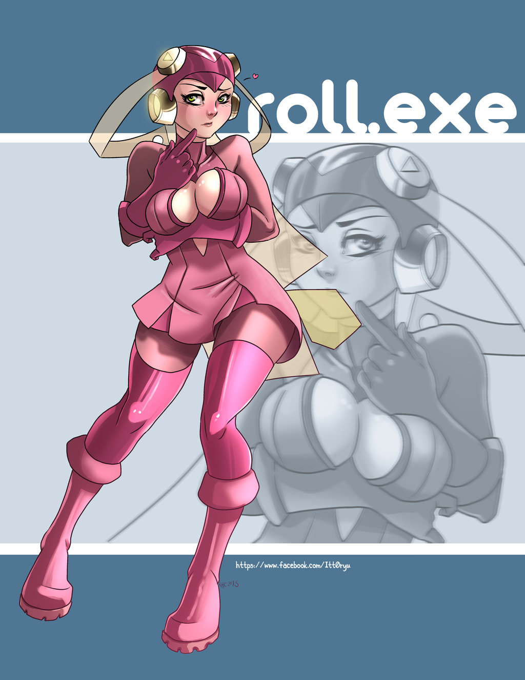 blush boots breast_hold breasts character_name cleavage_cutout dress eyelashes gloves green_eyes helmet highres itt0ryu large_breasts lips miniskirt pink_footwear pink_gloves pink_legwear rockman rockman_exe roll_exe short_dress skirt solo thighhighs watermark web_address zoom_layer