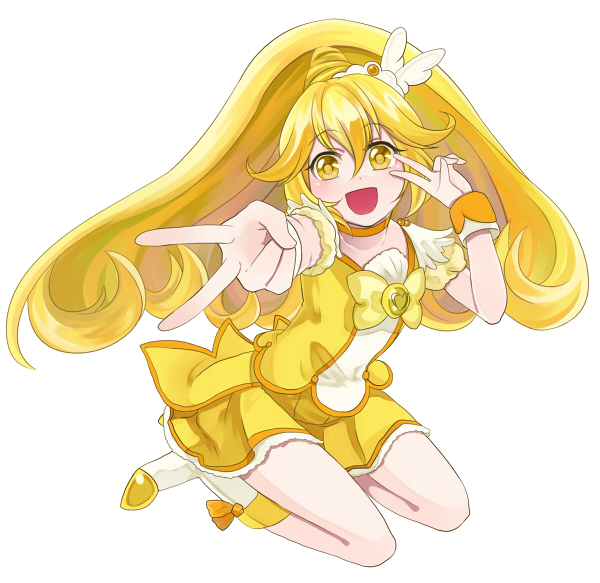 bad_id bad_pixiv_id blonde_hair boots bow choker cure_peace hair_flaps kise_yayoi long_hair magical_girl open_mouth ponytail precure sasamaru_chimaki skirt smile smile_precure! solo tiara v wrist_cuffs yellow yellow_bow yellow_eyes yellow_skirt
