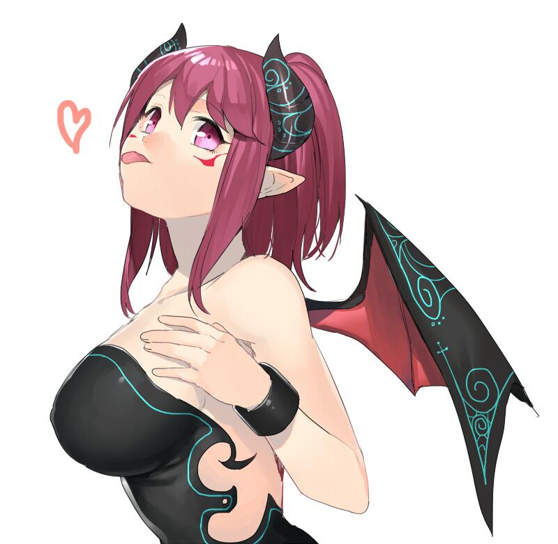 bad_id bad_twitter_id breasts collarbone demon_girl demon_wings erubo heart large_breasts original pink_eyes ponytail red_hair short_hair solo tongue tongue_out white_background wings wristband