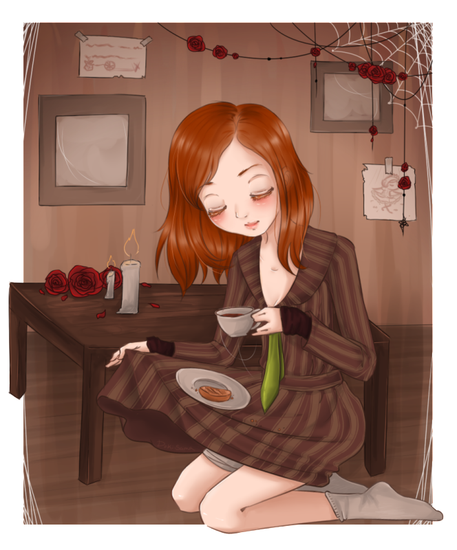 1girl bandage blush bread candle cup curtsey diana_(rule_of_rose) drawing dress dress_lift eyes_closed feet flower food kneeling no_shoes photo_(object) picture plate red_hair red_rose rose rule_of_rose silk socks spider_web table tea teacup