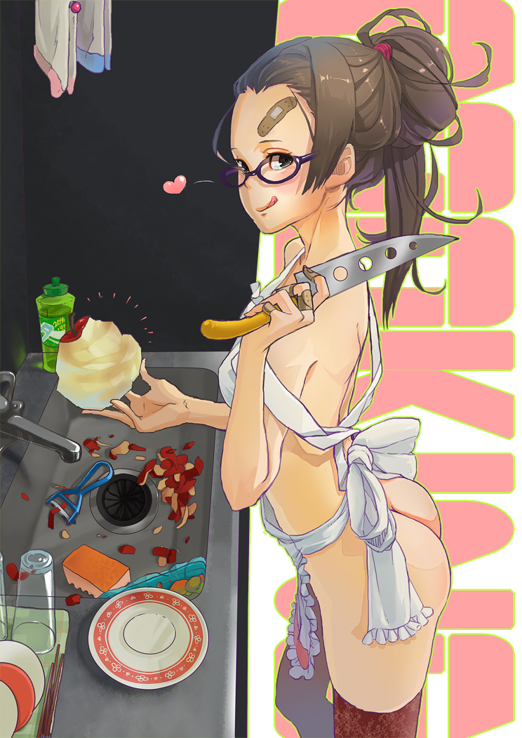apple apple_peel apron ass bandaid bandaid_on_finger bandaid_on_forehead breasts brown_hair cowboy_shot food forehead from_side fruit glasses hair_bun heart kitchen kitchen_knife knife licking_lips long_hair medium_breasts naked_apron nokuran original peeling scrunchie single_thighhigh sink solo strap_slip thighhighs tongue tongue_out
