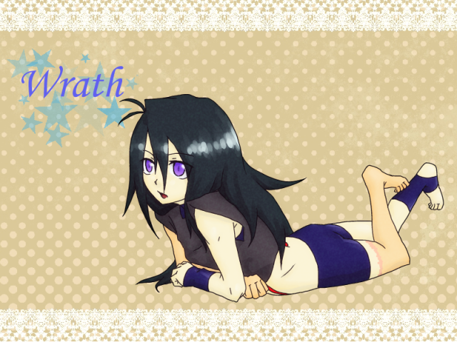 1boy black_hair character_name english footwear fullmetal_alchemist homunculus long_hair lying midriff on_stomach open_mouth pale_skin polka_dot polka_dot_background purple_eyes scar shorts skin_tight star text wrath wrath_curtis