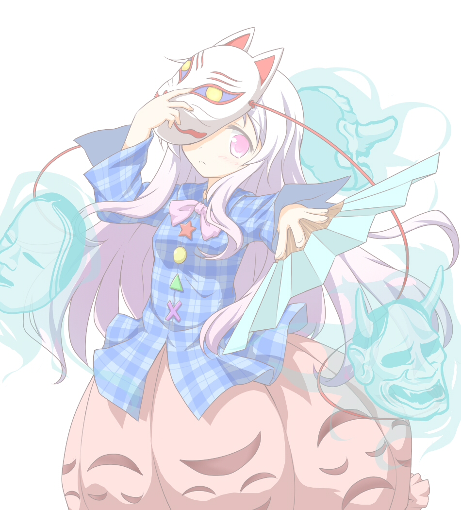 bubble_skirt expressionless fan folding_fan fox_mask hannya hata_no_kokoro long_hair mask oni_mask plaid plaid_shirt shino_megumi shirt simple_background skirt tengu_mask touhou white_hair