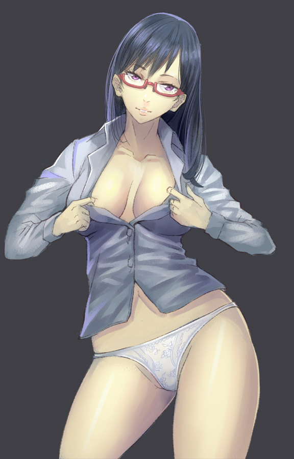 bad_id bad_pixiv_id black_hair breasts dress_shirt glasses grey_background hidezi large_breasts long_hair looking_at_viewer open_clothes open_shirt original panties red_eyes shirt smile solo underwear white_panties