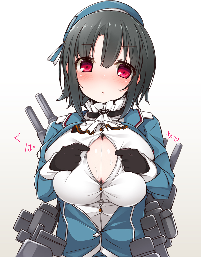 bad_id bad_pixiv_id black_hair blush breasts gloves hat kantai_collection large_breasts looking_at_viewer nekoume open_clothes open_shirt red_eyes sexually_suggestive shirt short_hair simple_background solo takao_(kantai_collection) uniform
