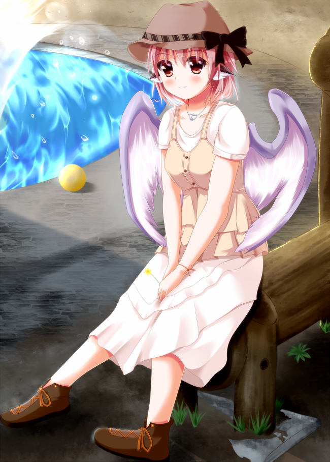 alternate_costume animal_ears blush fountain hat jewelry mystia_lorelei necklace pink_hair popopipi77 red_eyes short_hair sitting skirt smile solo touhou vest water wings
