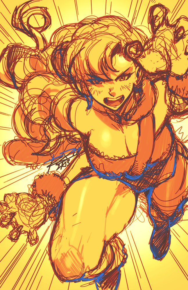 ayla_(chrono_trigger) bandeau bare_shoulders breasts caveman chrono_trigger cleavage large_breasts long_hair orange_(color) robert_porter sketch solo tail wavy_hair