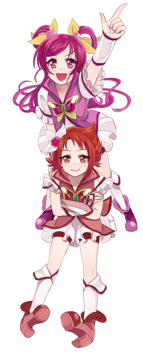 :d arm_up bad_id bad_pixiv_id crossed_arms cure_dream cure_rouge friends hand_on_shoulder long_hair multiple_girls natsuki_rin open_mouth outstretched_arm pink_eyes pink_hair pointing precure red_eyes red_hair red_shorts sasamaru_chimaki short_hair shorts simple_background smile white_background yes!_precure_5 yes!_precure_5_gogo! yumehara_nozomi