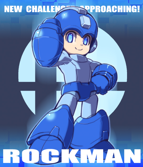 arm_cannon armor blue_eyes helmet male_focus rockman rockman_(character) solo super_smash_bros. tonami_kanji weapon