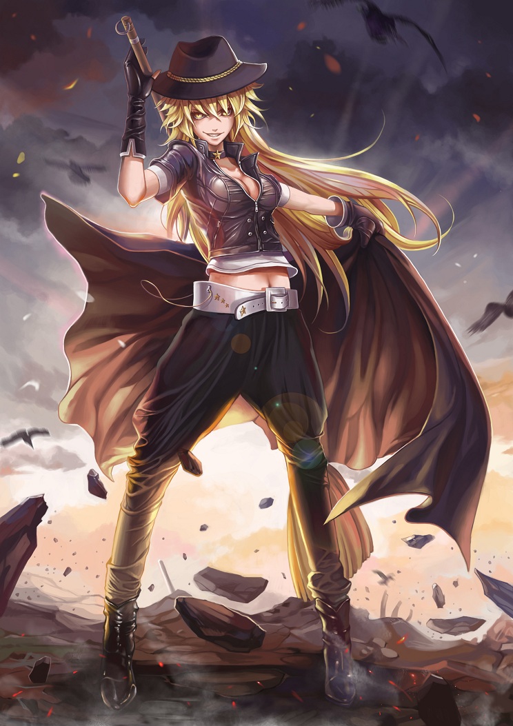 backlighting banned_artist belt black_gloves blonde_hair boots breasts broom buckle cape choker cleavage cloud cowboy_hat gloves grin ground_shatter hat jacket kirisame_marisa leather leather_jacket long_hair medium_breasts midriff pants sky smile solo touhou yellow_eyes yinan_cui